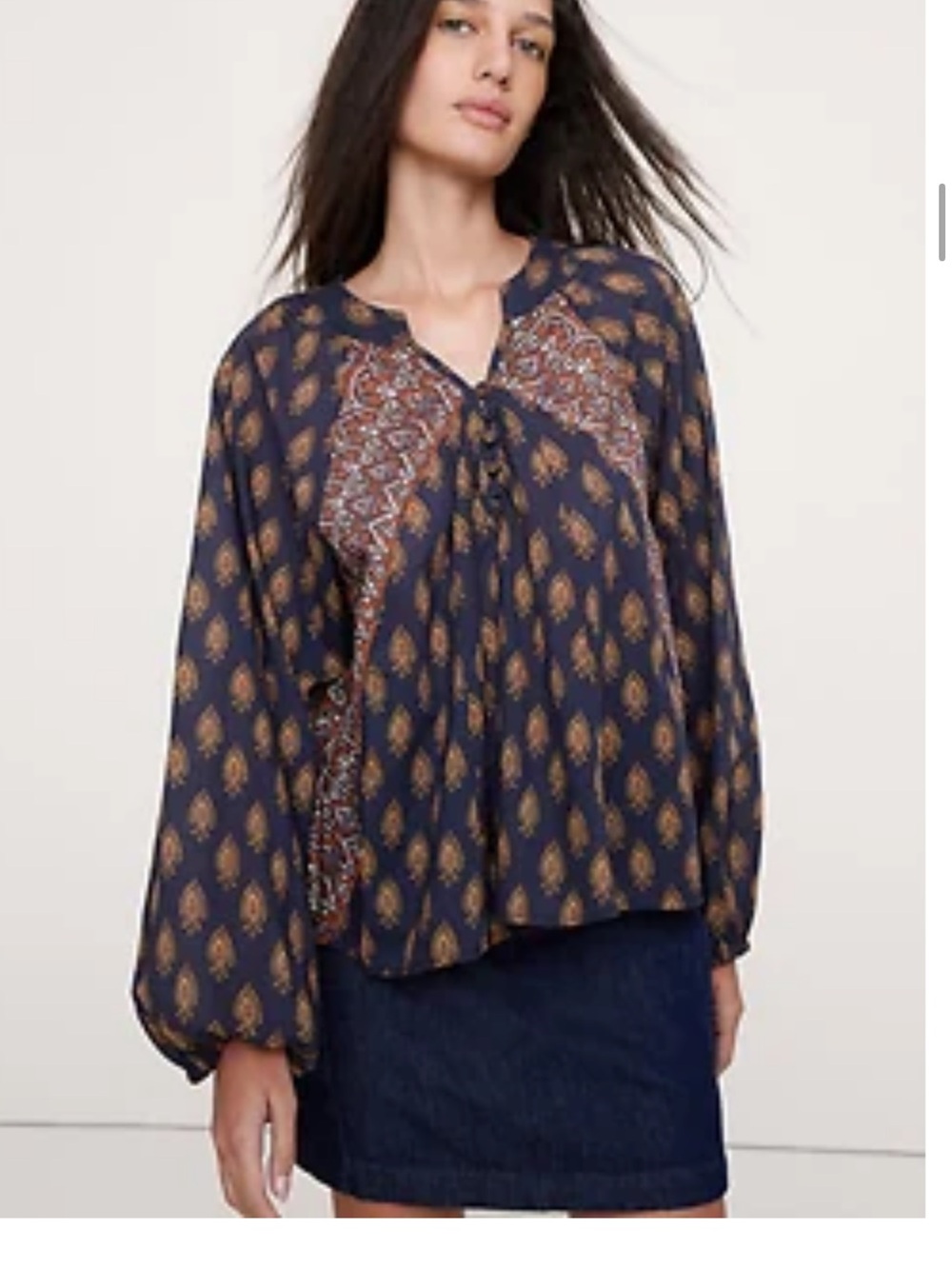Banana Republic Navy Paisley Tie-Neck Blouse with Gold Accents